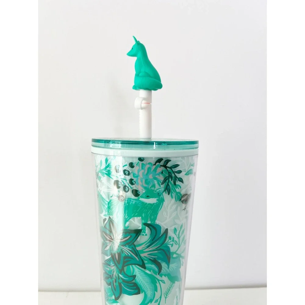 Starbucks Cold Cup Teal Woodland‎ Fox Floral Tumbler 24oz with Fox Topper NEW